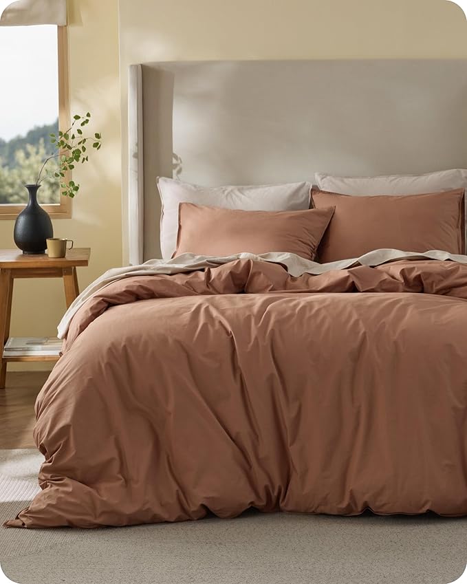 Bedsure Cotton Duvet Cover Queen - Luxury Slub Weave 100% Cotton Duvet Cover with a Linen Like Textured, Easy Change Durable Bedding, Mocha Mousse, 90" x 90"