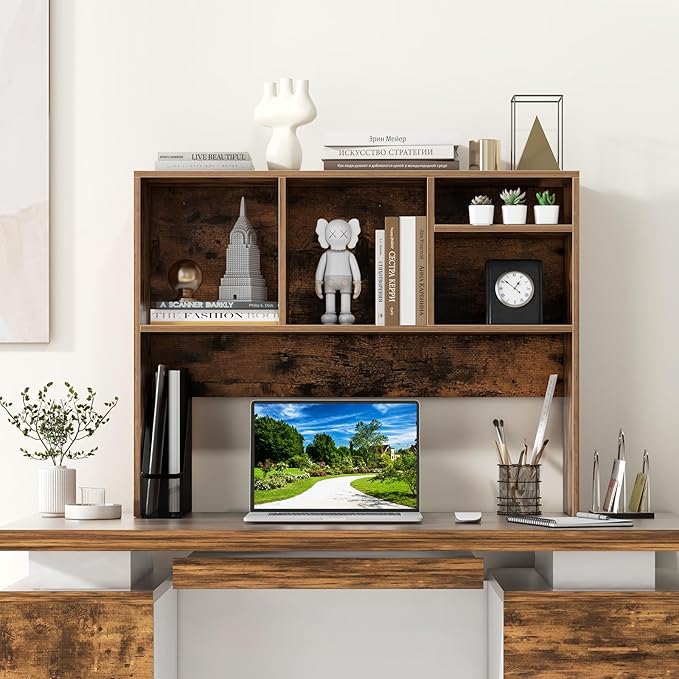 GOFLAME 4 Cubes Desktop Bookshelf, 37” Tabletop Wood Desk Shelf for Computer Monitor, Modern Countertop Desk Display Hutch Storage Organizer Shelf for Home Office, Dorm, Study (Rustic Brown)
