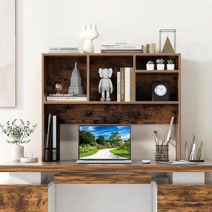 GOFLAME 4 Cubes Desktop Bookshelf, 37” Tabletop Wood Desk Shelf for Computer Monitor, Modern Countertop Desk Display Hutch Storage Organizer Shelf for Home Office, Dorm, Study (Rustic Brown)