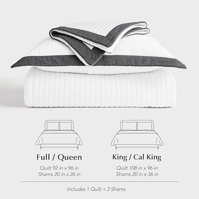 EVERGRACE Cotton Border Frame Tack-Stitch Quilt Bedding Set Queen Size, Coastal Oversized 3 Pieces Lightweight Bedspread Coverlet for All Season, with 2 Matching Shams, Washed Black