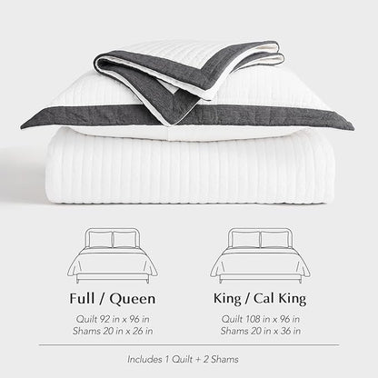EVERGRACE Cotton Border Frame Tack-Stitch Quilt Bedding Set King Size, Coastal Oversized 3 Pieces Lightweight Bedspread Coverlet for All Season, with 2 Matching Shams, Washed Black
