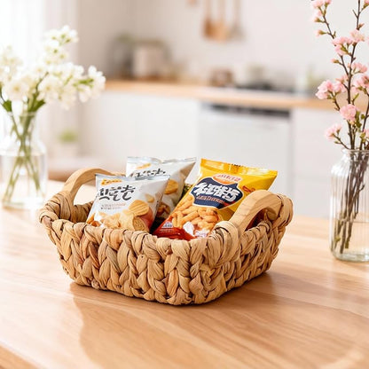 Square Water Hyacinth Basket with Wooden Handles, Small Woven Storage Organizer for shelf