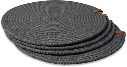 Round Placemats, Set of 4, Handmade by Braided Cotton Cord for Kitchen and Dining Table, Dia. 12.6 Inch, Doublesided, Heat Resistant, Dark Gray