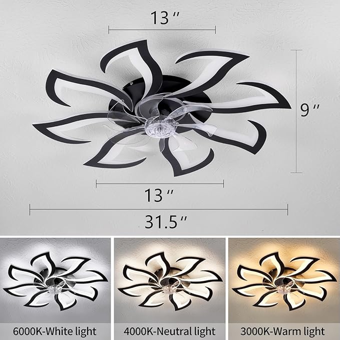 HuixuTe 32" Black 8-head Geometric Ceiling Fan with Lights Remote Control, Low Profile Ceiling Fan with Light for Kitchen Bedroom Living Room