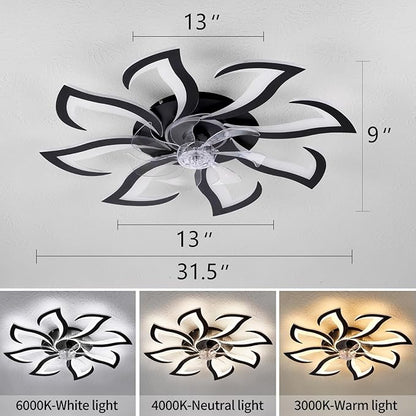 HuixuTe 32" Black 8-head Geometric Ceiling Fan with Lights Remote Control, Low Profile Ceiling Fan with Light for Kitchen Bedroom Living Room