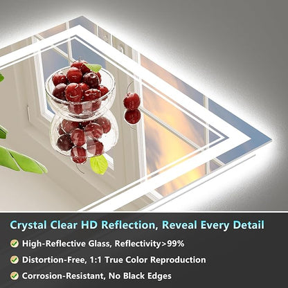24x30 LED Bathroom Mirror with Lights, Backlit & Front Lit, Anti-Fog Lighted Vanity Mirror for Bathroom Wall, 3 Colors, Dimmable, Memory, HD Tempered Glass, Shatter-Proof, Horizontal/Vertical