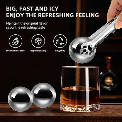 Stainless Steel Whiskey Ice Balls, Whiskey Stones, Set of 4 Reusable Metal Ice Cubes for Chilling Whiskey & Beverages - Gift Set for Men