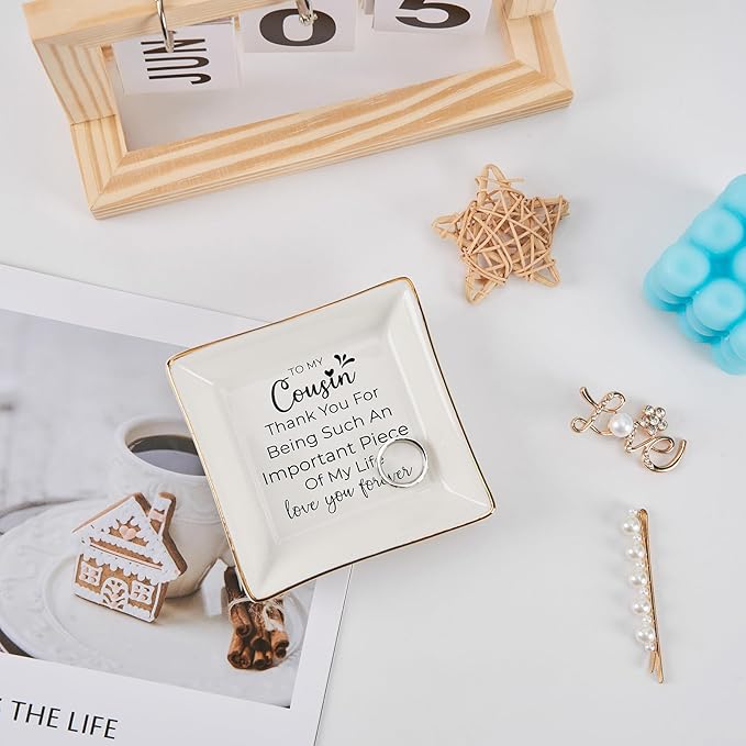 Cousin Gifts for Women, To My Cousin Trinket Tray Jewelry Dish, Cousins Birthday Gifts for Cousin Christmas Mothers Day Valentines Gift - Thank You for Being Such An Important Piece of My Life