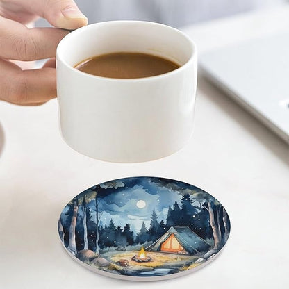 Forest Drink Coasters, Round Ceramic Drink Coaster Round-4PCS, Watercolor Mountain Forest Nature Tree Woodland Camping Decor Absorbent Ceramic Coasters for Beverage Cup, Bar, Coffee Table