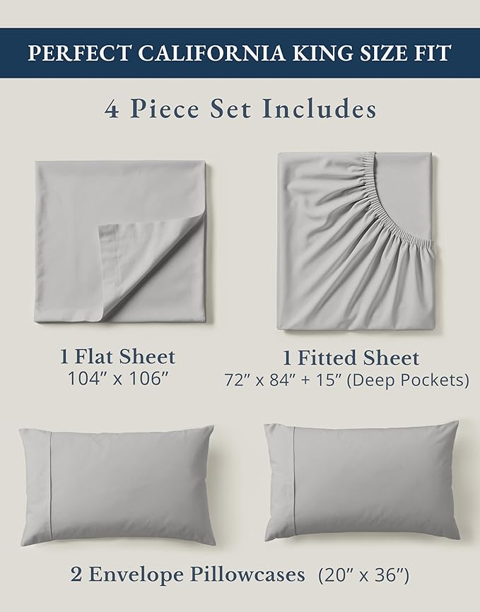 LANE LINEN 100% Organic Cotton California King Sheets Set, Fully Elasticized Reinforsed Seams in Fitted Pocket, Machine Washable Naturally Cooling All Season Cal King Sheet- Silver