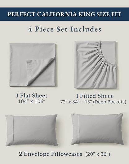 LANE LINEN 100% Organic Cotton California King Sheets Set, Fully Elasticized Reinforsed Seams in Fitted Pocket, Machine Washable Naturally Cooling All Season Cal King Sheet- Silver