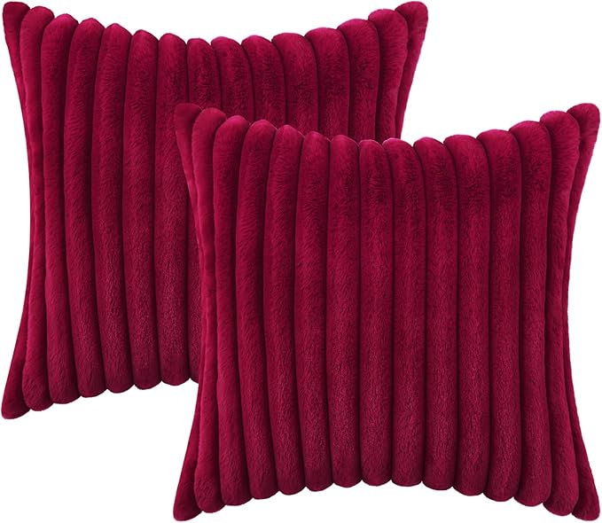 decorUhome Faux Fur Spring Throw Pillow Covers 20x20 Set of 2, Decorative Soft Plush Striped Neutral Couch Pillow Covers with Velvet Back for Sofa, Bed, Living Room Home, Burgundy