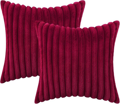 decorUhome Faux Fur Spring Throw Pillow Covers 20x20 Set of 2, Decorative Soft Plush Striped Neutral Couch Pillow Covers with Velvet Back for Sofa, Bed, Living Room Home, Burgundy