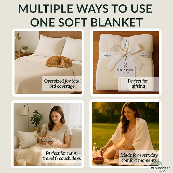 Luxury 100% Cotton Muslin Blanket Queen Size, 4 Layer Oversized 90x90 Fits Upto Full Size Bed, Layering Winter Blankets for Bed, Soft Cotton Gauze Quilt, All Season Ivory Bedding