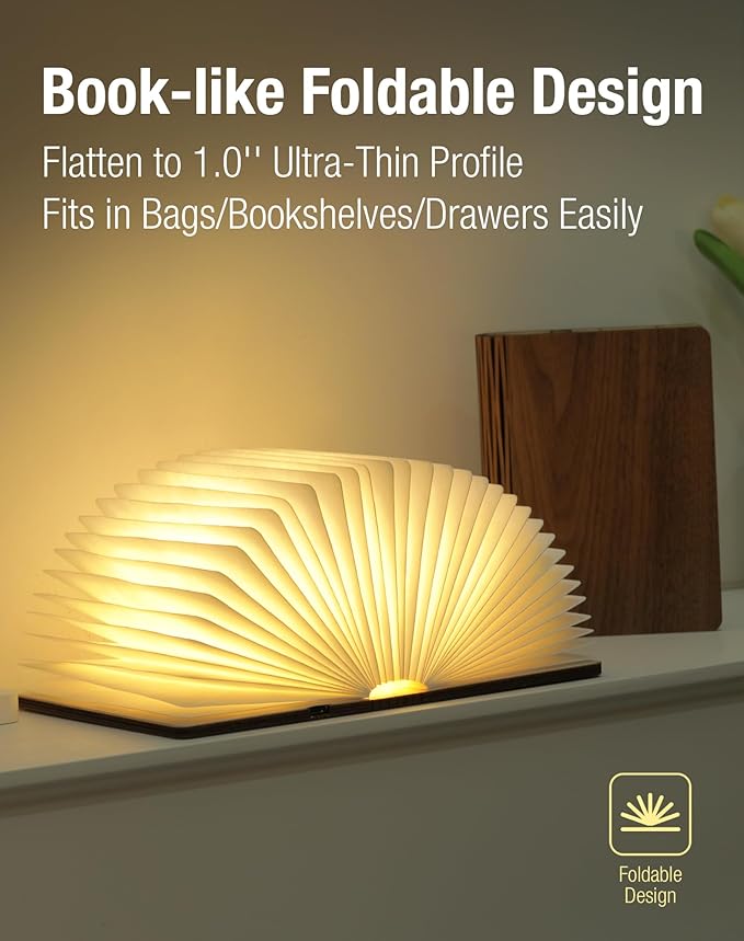 5.7 Inch Wooden Book Lamp - Portable Folding LED Book Light for Reading, Home & Library Decor, Unique Gift for Book Lovers, Magnetic Night Light (Walnut)