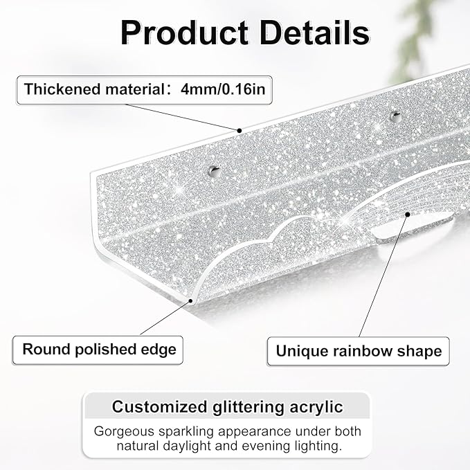 Rainbow Glitter Acrylic Floating Shelves, 15.7" Wall Mounted Nursery Bookshelves, Display Ledge for Books Toys Cosmetic Storage, Bathroom Bedroom Living Room Wall Organizer, 4 Pack, Silver