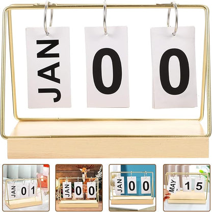 Perpetual Flip Calendar 2023 Wood Block Daily Calendar Metal Flip Christmas Countdown for Farmhouse Office Wedding Desktop Decor Golden