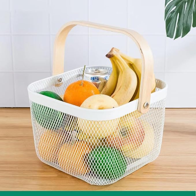 Metal Mesh Wire Basket, Large Steel Basket with Wooden Handle Storage Organizer Basket Multi-functional Hanging Kitchen Baskets Fruit Baskets for Kitchen Bathroom Cabinet Pantry Snacks, White