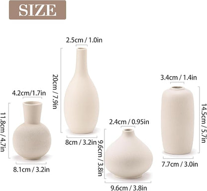 Beige Ceramic Vase Home Decor Small Flowers Vase Set of 4 Living Room Decoration Bookshelf Bedroom Kitchen Dining Table Modern Farmhouse