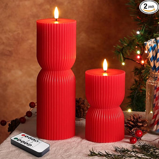 Red Ribbed Flameless Pillar Candles with Remote, Battery LED Wax Candles Flickering Valentines Day Decor Gift Set of 2