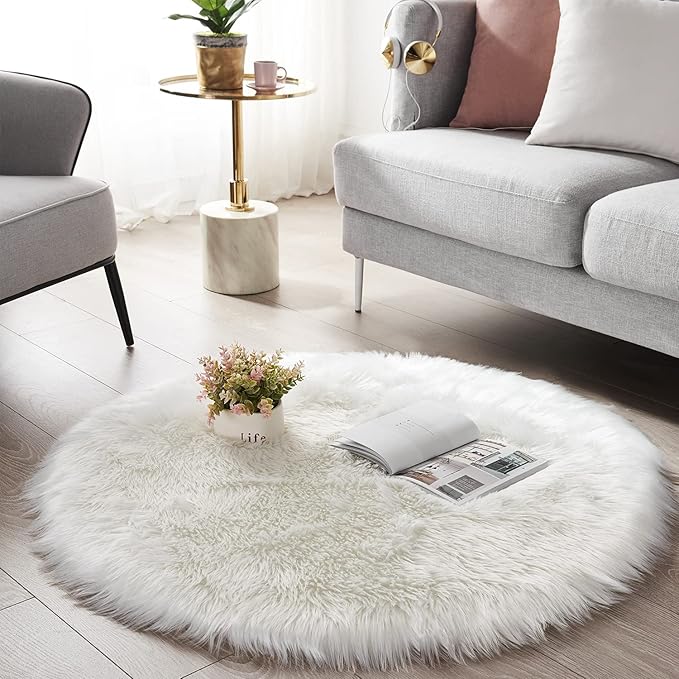 SERISSA Soft Round Faux Sheepskin Fur Area Rug White Circle Fluffy Rugs Circular Shaggy Rug Plush Circle Carpet Play Mats for Kids Girls Room Princess Castle Christmas, 5ft Diameter