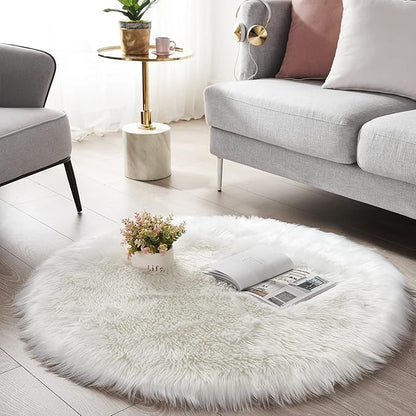 SERISSA Soft Round Faux Sheepskin Fur Area Rug White Circle Fluffy Rugs Circular Shaggy Rug Plush Circle Carpet Play Mats for Kids Girls Room Princess Castle Christmas, 5ft Diameter