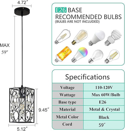 Modern Mini Crystal Pendant Light with Metal Cage 1-Light Rectangular Pendant Lighting Fixture for Kitchen Island Sink Countertop Dining Room Farmhouse, Matte Black Finish