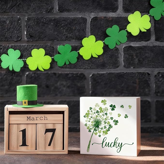 St Patrick's Day Table Decor Lucky Shamrock Wooden Box Sign, Minimal Irish Themed Tabletop Decor for Home Shelf Desk Entryway, Farmhouse Holiday Wooden Decoration for Spring Display 5 x 5 Inches