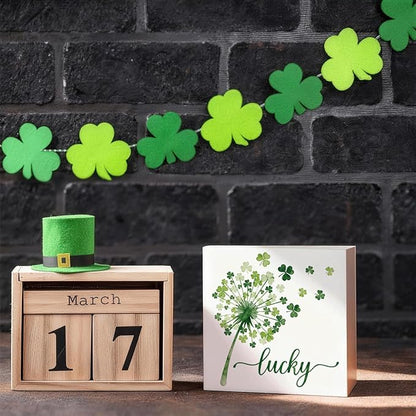 St Patrick's Day Table Decor Lucky Shamrock Wooden Box Sign, Minimal Irish Themed Tabletop Decor for Home Shelf Desk Entryway, Farmhouse Holiday Wooden Decoration for Spring Display 5 x 5 Inches