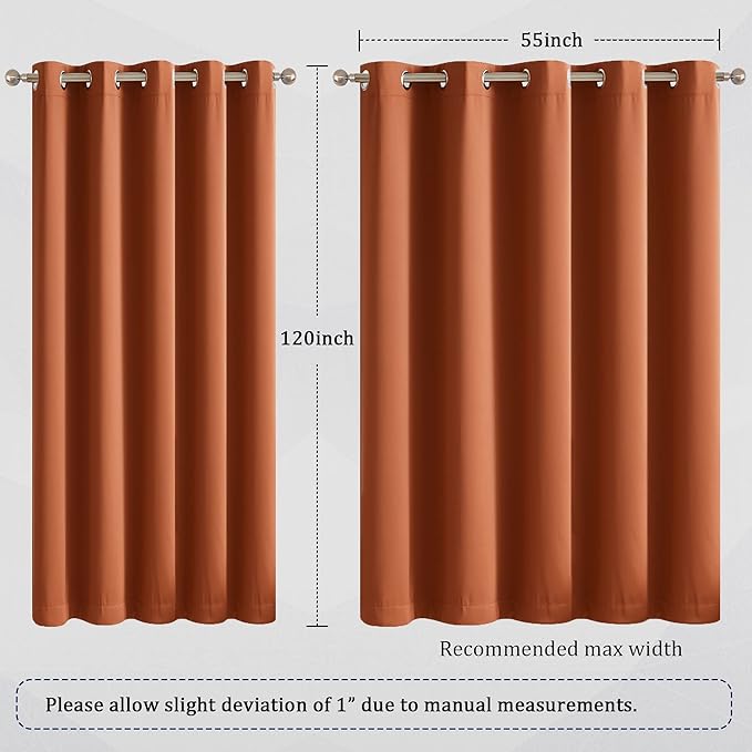 DUALIFE 120 Inch Patio Door Curtains - Fall Decor Earth Tone Extra Long Blackout Drapes Thermal Insulated Window Curtain Panels (Burnt Orange,Grommet,60 x 120 Inch Length 2 Panels)