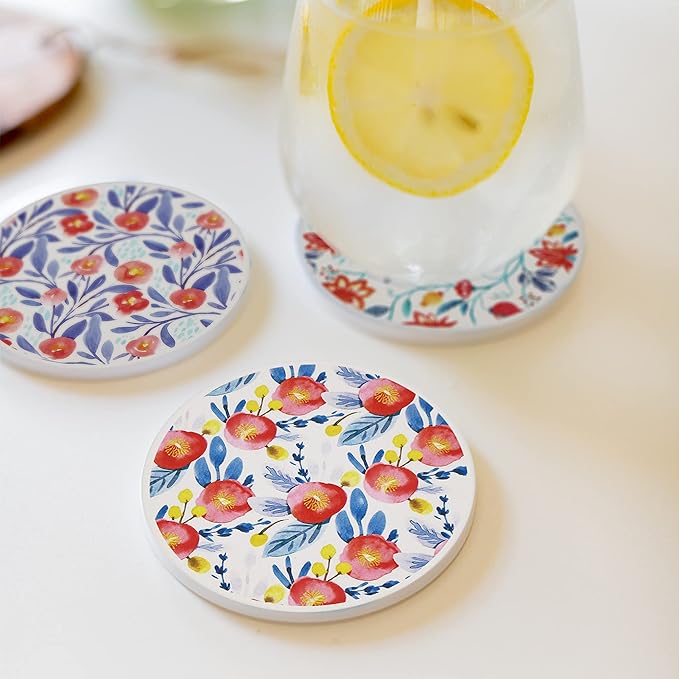 AD Set of 6 Coasters for Drinks Absorbing Round Ceramic Stone Coaster with Cork Base Tabletop Protection Mat for Mugs and Cups,Office,Kitchen (Watercolor Flowers with Holder)