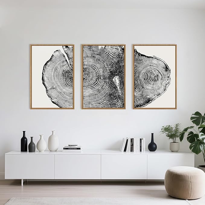 Large Vintage Tree Ring Framed Canvas Wall Art,Abstract Wood Stump Wall Decor,Neutral Annual Ring Artwork,Modern Black and White Art Print for Living Room,Bedroom,Office- 16"x24"x3