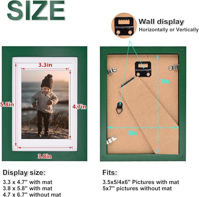 KINLINK 5x7 Picture Frame Green, Solid Wood Frames with Acrylic Plexiglass for 3.5x5/4x6 with Mat or 5x7 without Mat, Tabletop and Wall Display Photo Frame, Set of 4