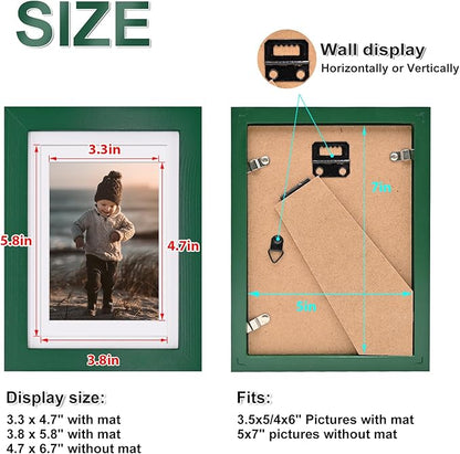 KINLINK 5x7 Picture Frame Green, Solid Wood Frames with Acrylic Plexiglass for 3.5x5/4x6 with Mat or 5x7 without Mat, Tabletop and Wall Display Photo Frame, Set of 4