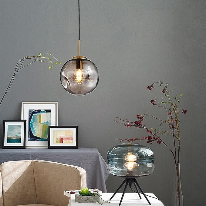 Brikey Glass Spherical Pendant Light,Gold Iron & Glass Globe Hanging Ceiling Lamp (7.8‘’, Grey)