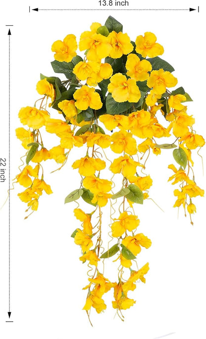 Fake Hibiscus Artificial Hanging Flowers Plants for Outdoors Spring Decoration, 4pcs Silk Hibiscus Vines Realistic UV Resistant Yellow Faux Flowers for Outside Planter Porch Patio Yard Wedding Party