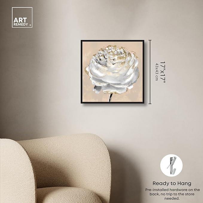 Art Remedy Beige Ranunculus Canvas Elegant White Gold Wall Art, Black Frame, 16" x 16"