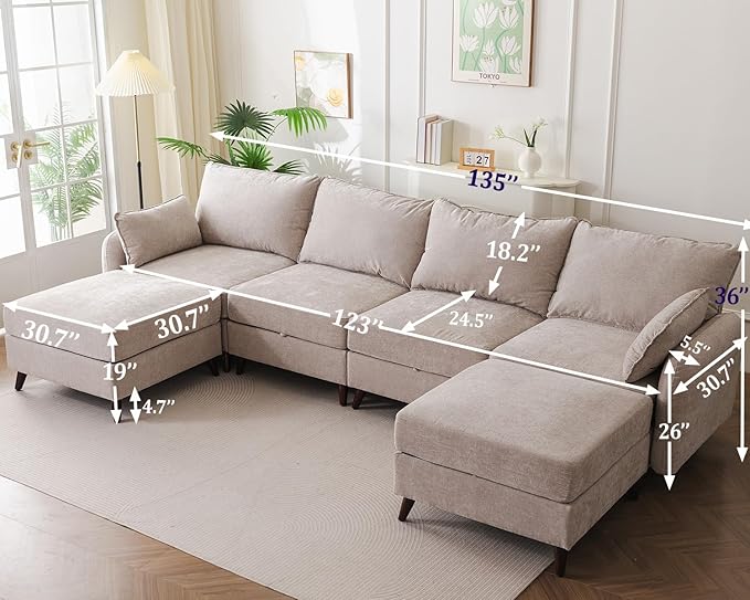 135'' Modular Sectional Sofa with Seats Storage, Oversized U Shaped Couch for Living Room,4-Seater Comfy Cloud Couches with Deep Seat,Movable Ottoman,2 Throw Pillow,Chenille,Khaki