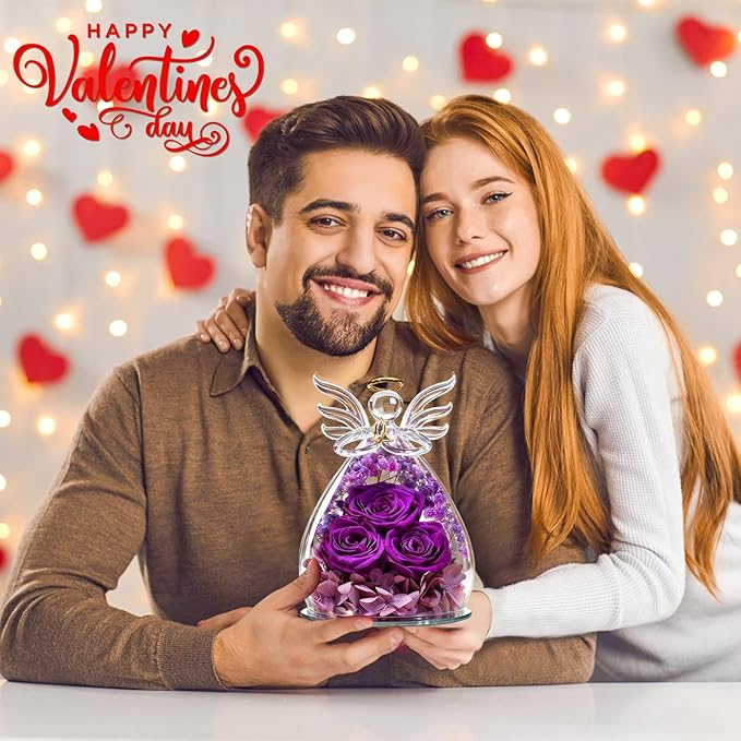 Beferr Valentines Day Rose Gifts for Her Women Mom Gifts for Birthday, Fresh Flowers for Delivery Forever Preserved Rose in Glass Angel Figurine, for Grandma Wife Kids Daughter