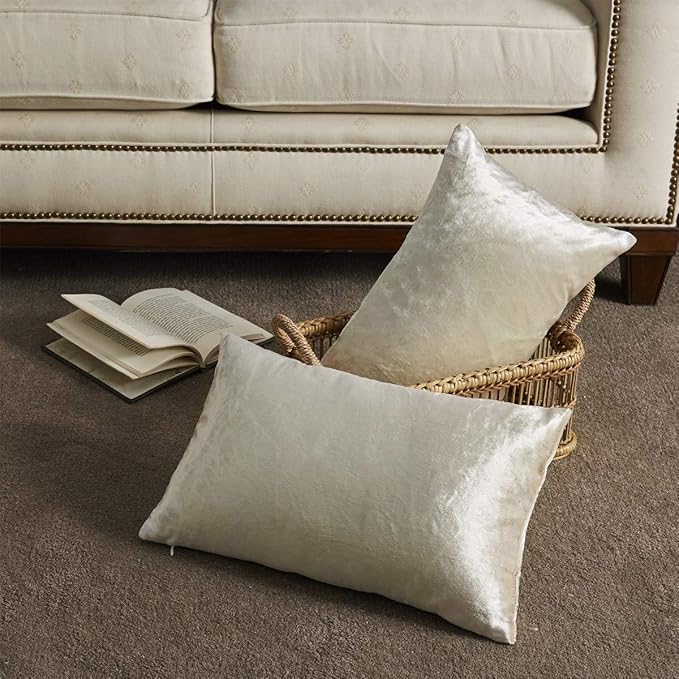 GIGIZAZA Beige Velvet Pillow Covers: Pack of 2 Lumbar Throw Pillows Soft Solid Covers - Decorative 12x20 Modern Couch Small Cushion Covers,Living Room,Bedroom,Sofa