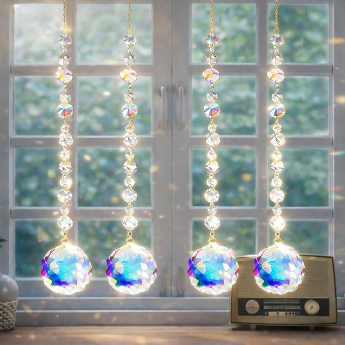 4Pcs Sun Catcher Crystals for Window Hanging, Rainbow Prism Sun Catchers with Crystal Prisms, Hanging Crystals Suncatchers for Windows Indoor Decor