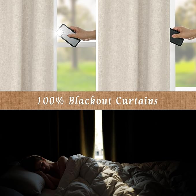 LAMIT Linen Full Blackout Window Curtains for Bedroom, 54 Inches Thermal Farmhouse Curtains Back Tab and Rod Pocket Privacy Protected Burlap Panels with White Liner, 2 Panels, 52 x 54 Inch, Oatmeal