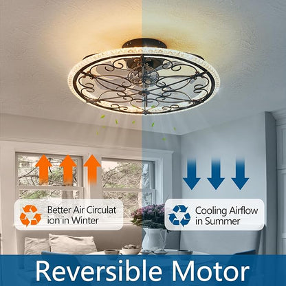 Rustic Black Caged Ceiling Fan with Light, Farmhouse Caged Ceiling Fan with Remote, LED Low Profile Ceiling Light for Bedroom Kitchen Living Room