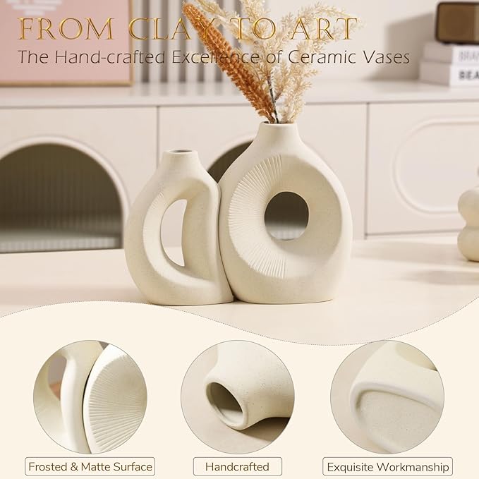 Ceramic Vase Set of 2 - Handcrafted Ceramic Vases for Home Decor & Shelf - Modern Farmhouse Decor for Kitchen, Office, Bedroom & Living Room Decorative Objects for Mantel, Table Centerpieces