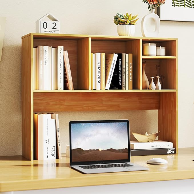 Desktop Bookshelf, 2-Tier Display Organizer Shelf Rack, Dorm Desk Hutch, Desk Shelf for Top of Desk, Multipurpose Wood Counter Top Bookcase for Office Home