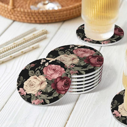 6 Pcs Ceramic Coasters with Holder Absorbent Drink Round Vintage Pink and Cream Dark Floral Design for Home Table Coffee Cup Wine Beer Bar,Size 4 inches