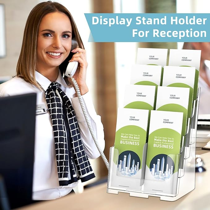 Acrylic Brochure Holder 8.5 x 11 inch, 4 Tier Magazine Stand Clear Literature Organizer Pamphlet Holder with Removable Divider for 4 x 9 inch Brochures for Wall Mount or Desktop