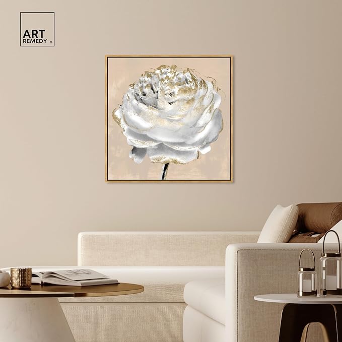Art Remedy Beige Ranunculus Canvas Elegant White Gold Wall Art, Gold Frame, 40" x 40"