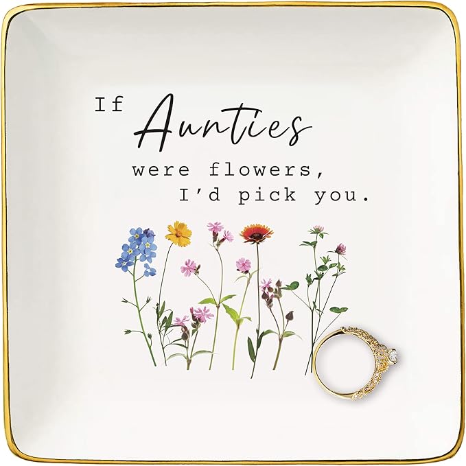 NZY Birthday,New Year,Thanksgiving,Christmas Gifts for Aunt,Auntie Appreciated Gift from Niece Nephews,Jewelry Tray Trinket Holder Ring Dish-If Aunties Were Flowers,I'd Pick You