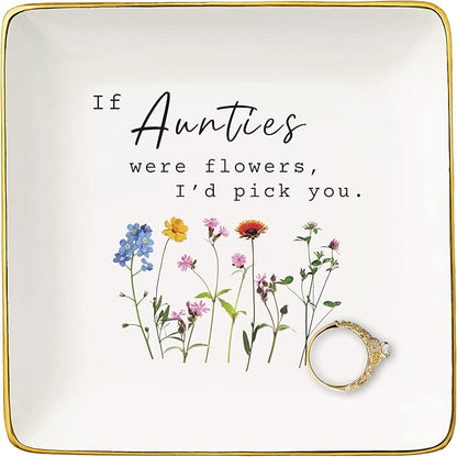 NZY Birthday,New Year,Thanksgiving,Christmas Gifts for Aunt,Auntie Appreciated Gift from Niece Nephews,Jewelry Tray Trinket Holder Ring Dish-If Aunties Were Flowers,I'd Pick You